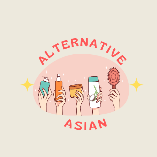 Cartoon hands holding various beauty products with the words "Alternative Asian" surrounding it in a circle, with one star on either side